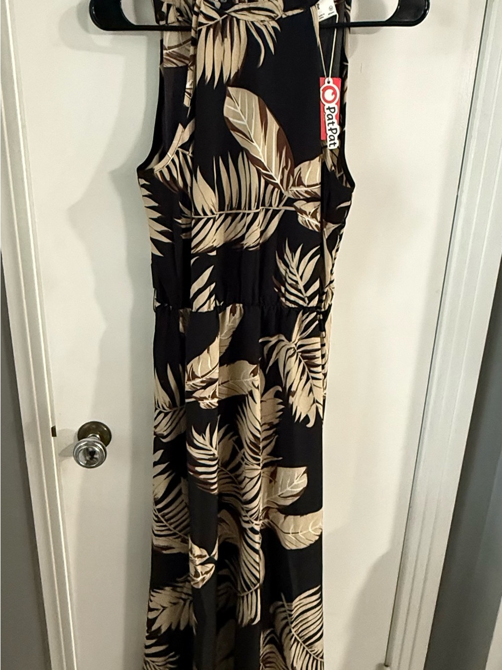 PatPat Black Maxi Dress with Beige Tropical Leaf Pattern